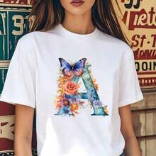 Camiseta negra para mujer con Estampado Floral y Mariposa Letra A para Ocasiones Casuales VeranoPure-Cotton - Blanco - Ver 8