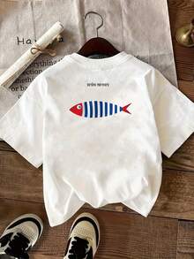 Premium Quality Short-Sleeved T-Shirt With Front And Back Print, Sailor Sardine Design, Casual Striped Top For Women, Casual Short-Sleeved Round Neck Shirt, Suitable For Summer And Spring, Women's Clothing, . - 白色 - 查看 4
