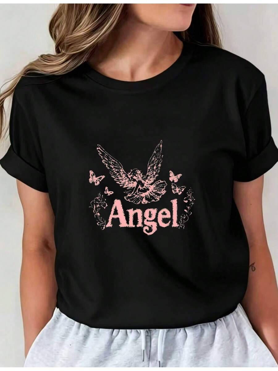 Premium T-Shirt With Pink Angel And Butterfly Print, Short Sleeves And Round Neck For Women, Ideal For Casual Daily Wear In Summer, Matching Set For Close Friends I01, Casual Round Neck Top, Comfortable Women's Clothing, . - 黑色 - 查看 1