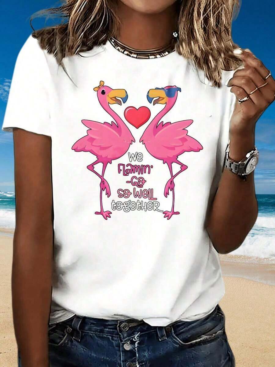 We Fit So Well Together Flamingo Couple T-Shirt Summer Beach T-Shirt For Women And Men Funny Graphic Tee Casual Blouses For Women - 白色 - 查看 1
