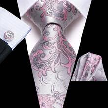 Set de 4 piezas de corbata de hombre con flores rosas claras plateadas que incluye pañuelo de bolsillo, gemelos aleatorios y pinza de corbata dorada, corbata formal festiva para días festivos - Rosa - Ver 2
