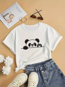 Camiseta casual holgada de manga corta para mujer, ideal para el verano, con un diseño de estampado de panda de dibujos animados - [Blanco] - Ver 1