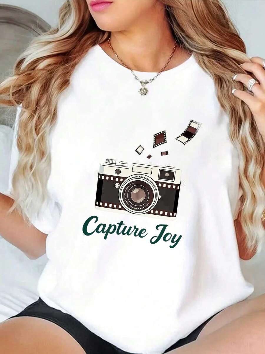 Women's Printed T-Shirt With Modern Minimalist Retro Camera Design And Film Elements - White Short-Sleeved T-Shirt Suitable For All Seasons, Ideal For Urban Style, Clothing Combinations, Daily Wear And Casual Gatherings. - 白色 - 查看 1