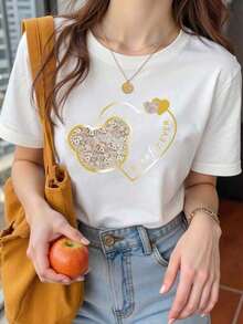 TrendyWomen Women's Short Sleeve Crew Neck Graphic Print T-Shirt With Faux Pearls, Casual Summer Top, Graphic Tees For Women, Everyday Wear. - 白色 - 查看 6