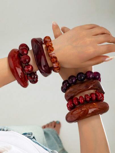 1 ชิ้น กำไลข้อมือลูกปัดเรซินสีเบอร์กันดี - ชุดกำไลลูกปัดเรซินแบบเรียงซ้อน - เครื่องประดับแขนหนาสำหรับผู้หญิง