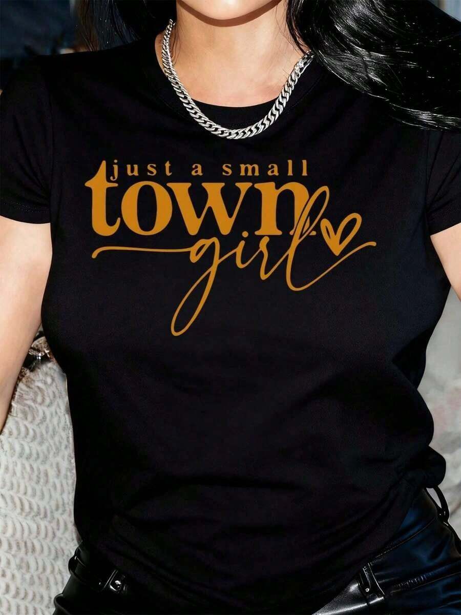 Women's Small Town Letter Print T-Shirt - Casual Short Sleeve Crew Neck Top For Summer And Spring, Black With White Letters And Heart Design, Lightweight Polyester, Women's T-Shirts - 黑色 - 查看 1