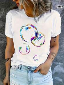 A Stylish Women's T-Shirt With A Colorful Bubble Pattern, Perfect For Elegant Parties, With A Cute And Flexible Design, Soft Fabric, Machine Washable, Ideal For Leisure At Home And Short Sleeves. - 白色 - 查看 1