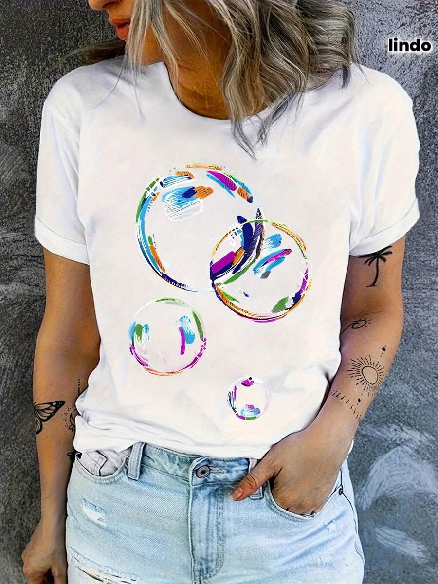 A Stylish Women's T-Shirt With A Colorful Bubble Pattern, Perfect For Elegant Parties, With A Cute And Flexible Design, Soft Fabric, Machine Washable, Ideal For Leisure At Home And Short Sleeves. - 白色 - 查看 1