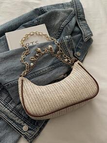 1pc Beige Summer New Shell Chain Decor Solid Color PVC Straw Baguette Bag, Women's Shoulder Beach Vacation Bag (Shell Shape Random, Not Fixed) - Beige - View 5