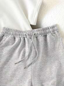 Conjunto casual diario de top de manga corta de cuello redondo de unicolor y shorts con cordón en la cintura para mujer - Gris Claro 3 - Ver 4