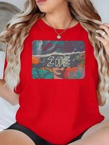 100% Cotton. Abstract Landscape With A Female Silhouette Surrounded By Vibrant Tones That Convey Energy And Creativity, Ideal For Free Spirits. Women's 100% Cotton 220g T-Shirt. Women's Simple Solid Color T-Shirt, Loose And Slim Fit Casual Short Sleeve - 紅色的 - 查看 1