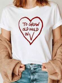 PremiumLooseTO White T-Shirt With Heart-Shaped Outline "GROW OLD INOLD IN" | Blue Jeans And Beige Cardigan Set - Casual Everyday Wear, Soft And Comfortable, Stylish For Men And Women, Spring/Summer, Regular Fit, Crew Neck, Solid Color Short Sleeve T-Shirt, Versatile Basic Underwear, Summer Top For Women. Gift Idea. - 白色 - 查看 7
