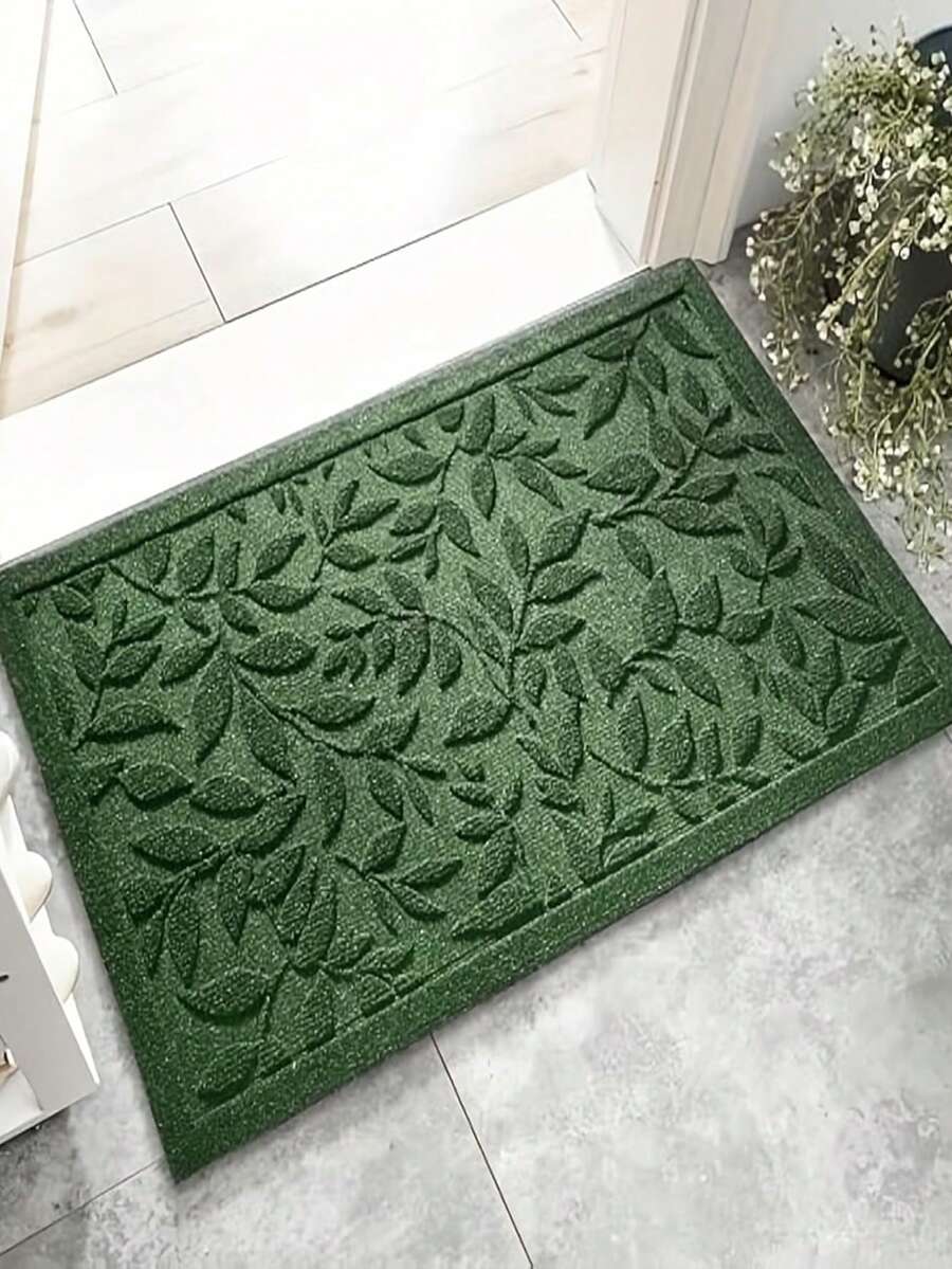1pc Green Leaf Pressed Floral Doormat, Crystal Velvet Material, Washable Indoor/Outdoor Welcome Mat - A - View 1