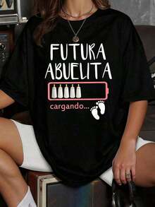 Women's Casual Short Sleeve T-Shirt, Novelty Print Of A Future Grandma Carrying Baby Bottles And Footprints, Fun And Original Pregnancy Announcement Gift. 100% Cotton Women's T-Shirts - 黑色 - 查看 1