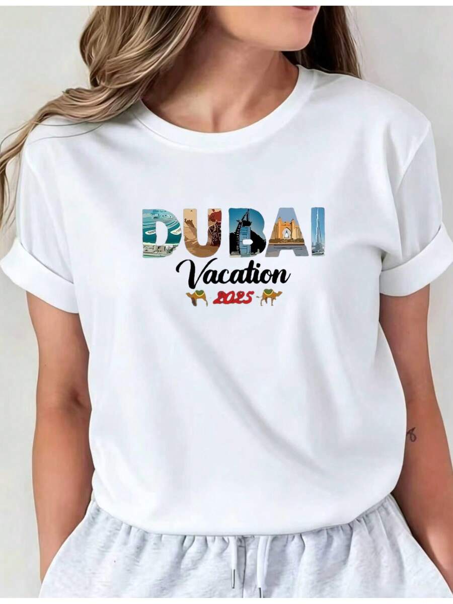 Soft Latest Design Dubai Holiday Print T-Shirt, Basic Casual Crew Neck T-Shirt, Long Sleeve Spring And Summer Holiday T-Shirt, New Women's Clothing, Machine Washable I01, Casual Crew Neck Top, Comfortable Women's Clothing, Cute, New Arrival - 白色 - 查看 1