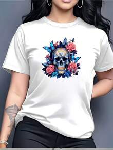 Soft T-Shirt 180G With Skull And Flower Print - Perfect For Day Of The Dead, Family Gatherings And Office Parties | Attractive Butterfly Design | Soft And Cozy Fabric, Comfortable For All Seasons. - 白色 - 查看 6