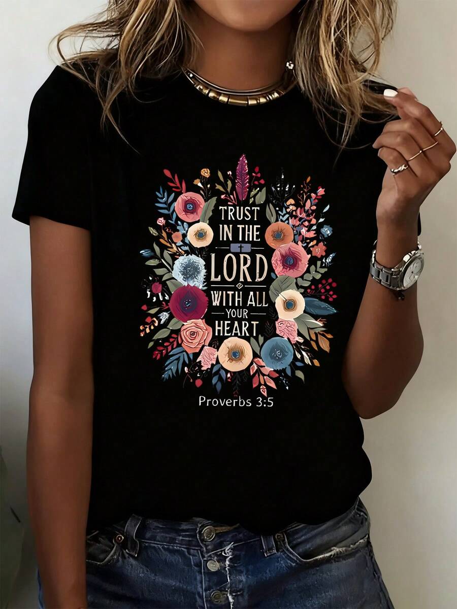 Women's Crew Neck T-Shirt "Trust In The Lord With All Your Heart Proverbs 3:12" - 7cm Floral Faith Graphic, T-Shirt With Colorful Floral Accents, Inspirational Bible Verse And Warming Feel, Perfect For Faith Enthusiasts And Floral Style Lovers - 黑色 - 查看 1