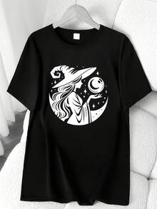 Halloween-Themed "Mysterious Girl" Print T-Shirt. Available In 6 Colors, Short Sleeves, Round Neck, High-Stretch Casual Sports Top. Machine Washable. Suitable For Spring And Summer. Can Be Worn In All Seasons. Women's Clothing. Elegant Party Outfit, T-Shirt For Stylish Ladies, Blouses Suitable For Curvy Women, Casual Wear, Cool And Breathable Summer Wear, Fun Letter Print. - 黑色 - 查看 6