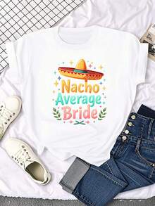 Women's Mexican Themed T-Shirt "Extraordinary Bride" - Casual Short Sleeve Solid Color Top With Sombrero And Tortilla Print, Bridesmaid Outfit For Wedding Party, Funny T-Shirt With Spanish Phrases For Theme Party, Women's Blouses - 白色 - 查看 6