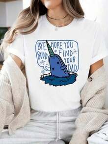 Women's T-Shirt, Plus Size Women's T-Shirt, Fashionable Printed Top With "Cartoon Narwhal And Farewell Phrase" Design, Comfortable And Breathable Material, Perfect For Sports, Gym, Outdoor Activities And Casual Wear, Ideal Gift For Girlfriend Or Wife, Women's Going Out T-Shirts - 白色 - 查看 5