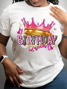 Reina de cumpleaños Cartoon Impreso Camiseta - Cuello de tripulación casual, poliéster, primavera/verano, largo regular, tejido de punto, 180 g/m² - Blanco - Ver 6