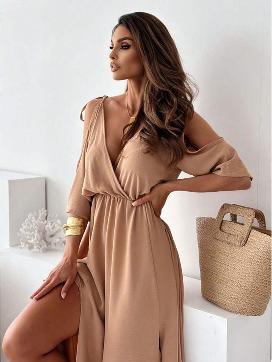 Women's Red Dress With V-Neck, Off-The-Shoulder Lacing, Three-Quarter Sleeves, High Side Slit, Gathered Waist, Flowing Chiffon Fabric, Elegant And Sexy Style Ideal For Summer Vacations, Beach Parties And Formal Evening Events - 駝色 - 查看 1