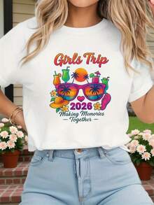 "Trip 2026 Making Memories Together" Graphic Print T-Shirt | Casual Short Sleeve Crew Neck Top For Spring/Summer, Women's Clothing - 白色 - 查看 1