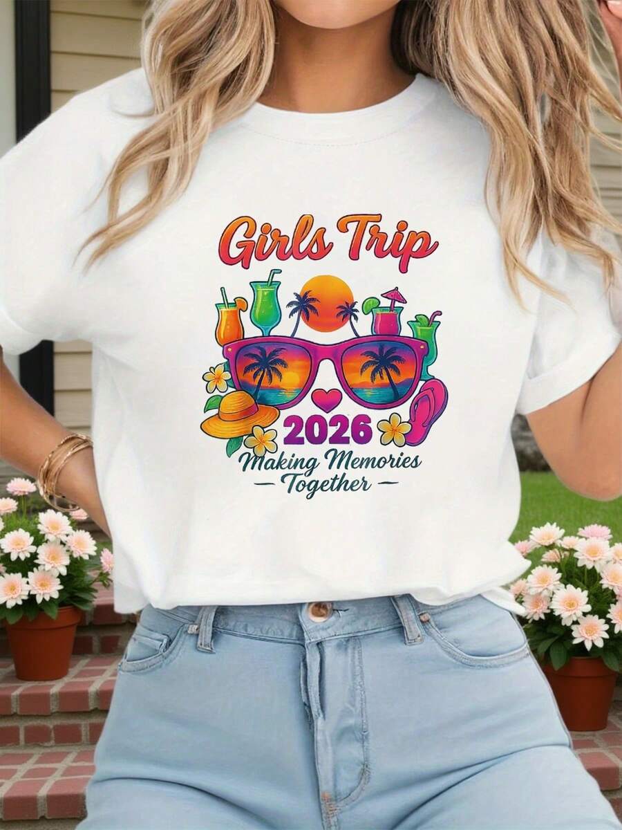 "Trip 2026 Making Memories Together" Graphic Print T-Shirt | Casual Short Sleeve Crew Neck Top For Spring/Summer, Women's Clothing - 白色 - 查看 1