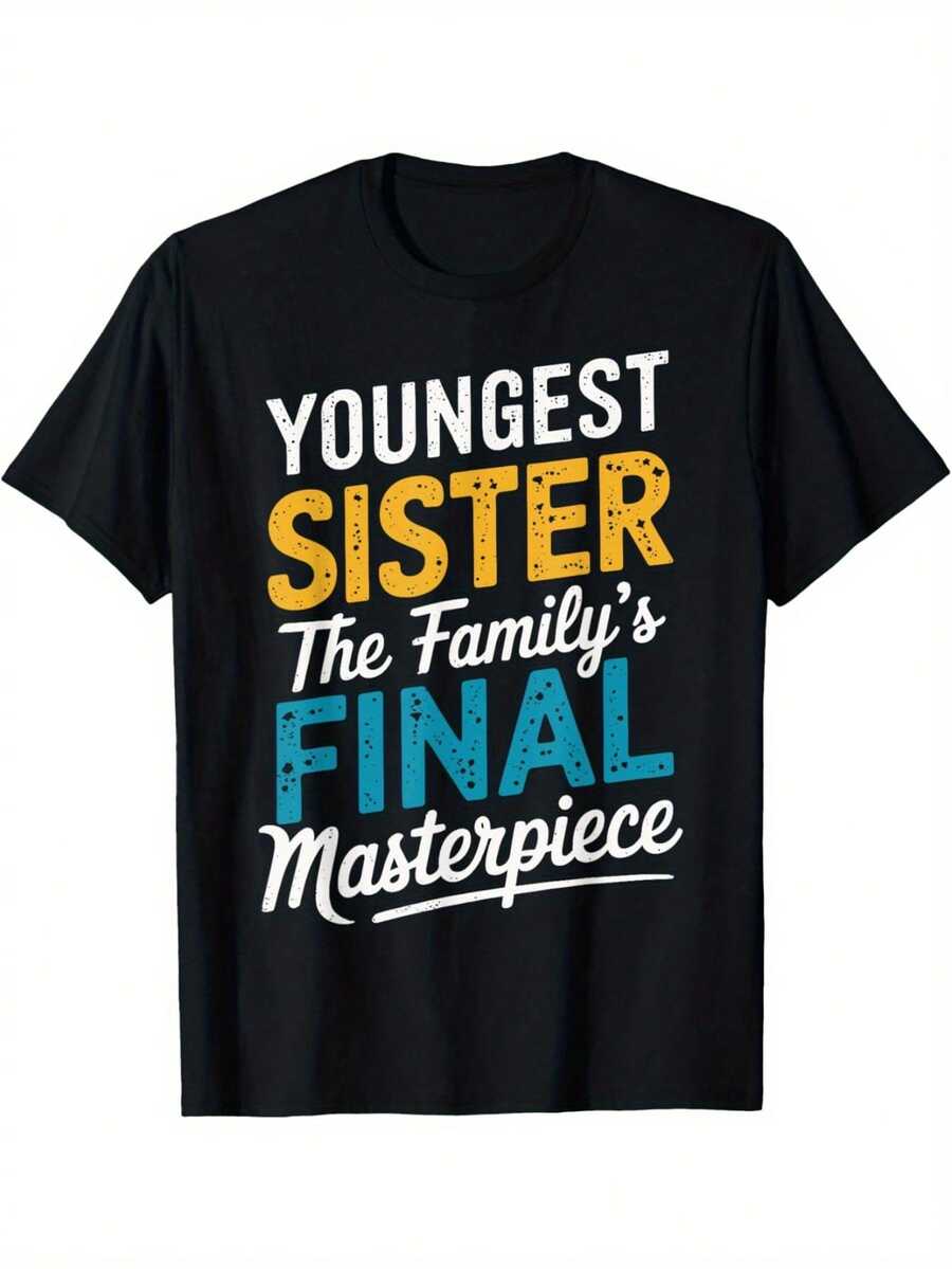 Camiseta Deportiva Casual para Mujer de Manga Corta Negra con Diseño de Texto Colorido - Camiseta Elástica y de Cuello Redondo, Lavable aáquina, Ajuste Cómodo para Todas las Estaciones, Perfecta para Uso Diario y Actividades Informales. - Negro - Ver 1