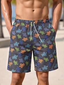 1pc Men's Navy Blue Colorful Sea Turtle Print Beach Shorts, Casual Cartoon Pattern, Drawstring Waist, Washable, Suitable For Swimming Pool, Beach Vacation & Leisure - Blue - View 3