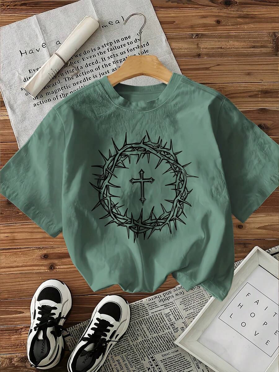 Religious Symbolic Meaning, Crown Made Of Thorny Branches And Christian Cross Print, Pure Cotton Round Neck T-Shirt, Basic Short Sleeve Design, Simple Design, Suitable For Casual Sports, Versatile Item For Everyday Wear 15463. - 綠色 - 查看 1