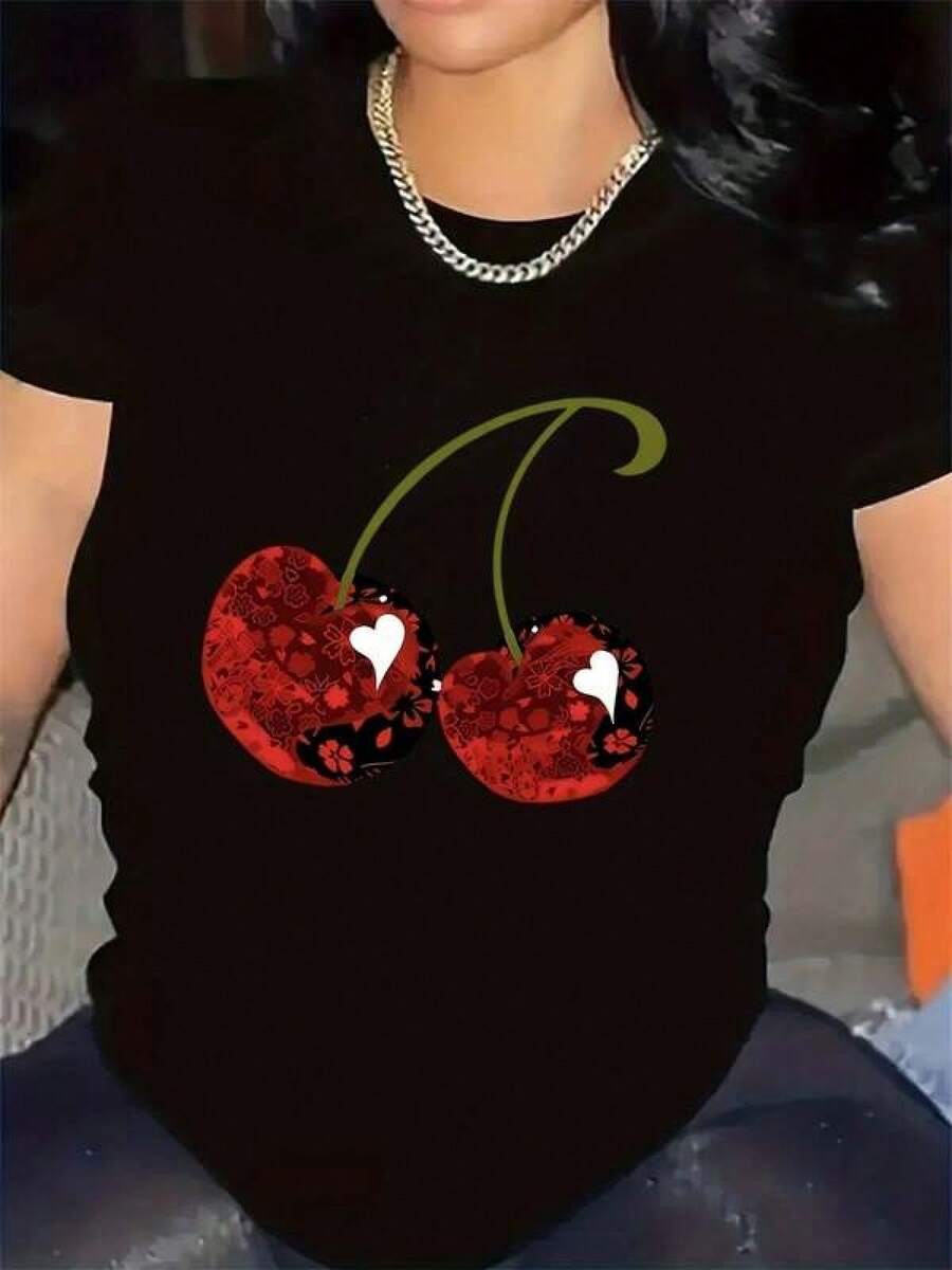 1 Pieza Camiseta Unisex Holgada 180g 100% Algodón Puro, Camiseta única Y2K con diseño de cerezas rojas brillante y detalles artísticos ideal para un estilo moderno y divertido perfecta para resaltar tu personalidad y ser el centro de atención en cualquier lugar compra ahora y hazla tuya Cómoda y versátil para escuela, trabajo, salidas y eventos casuales - Negro - Ver 1