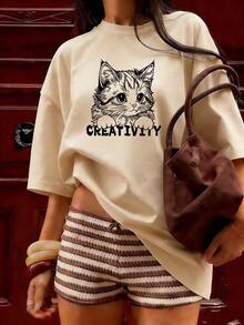 T-Shirt With Cat Print And "CREATIVITY" Text, Fashionable Short-Sleeved T-Shirt For Spring And Summer 2026, Made In Mexico, 180 Grams. Cartoon Print, Couple Design, Suitable For Indoor Or Outdoor Wear. Crew Neck, Unisex, Ideal For The Office And Leisure. One-Pack. - APR-P631577SLNDXZGY589 - 查看 3