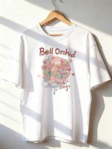 Bell Orchid Flower T-Shirt With Text, Fashionable Short-Sleeve T-Shirt For Spring/Summer 2026, Made In Mexico, 180 Grams. Cartoon Print, Couple Design, Suitable For Indoor Or Outdoor Wear. Crew Neck, Unisex, Ideal For Office And Leisure. One-Pack. - WH-P631577SLNDXZGY619 - 查看 1