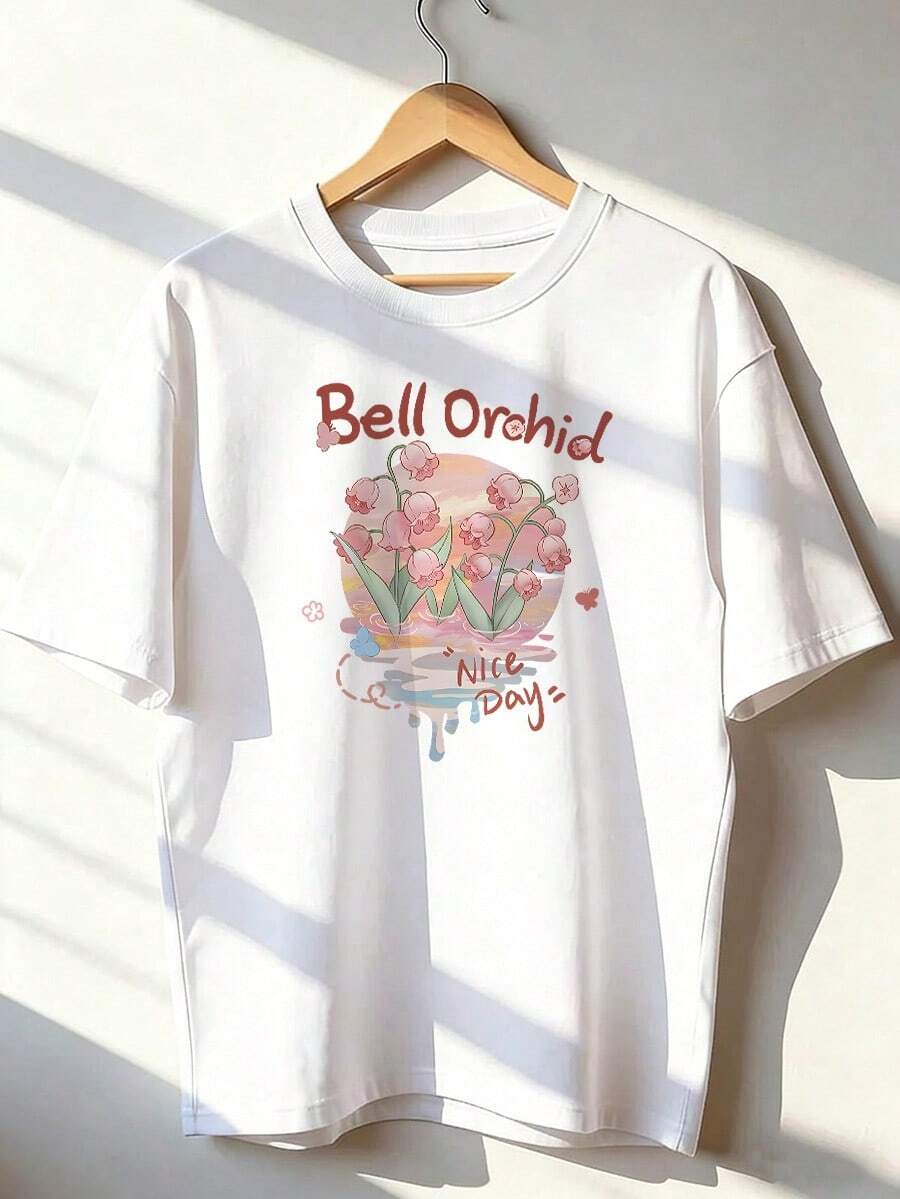 Bell Orchid Flower T-Shirt With Text, Fashionable Short-Sleeve T-Shirt For Spring/Summer 2026, Made In Mexico, 180 Grams. Cartoon Print, Couple Design, Suitable For Indoor Or Outdoor Wear. Crew Neck, Unisex, Ideal For Office And Leisure. One-Pack. - WH-P631577SLNDXZGY619 - 查看 1