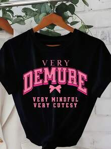 Women's Printed T-Shirt - Casual Short Sleeve Crew Neck T-Shirt In Black With Bold Pink Text And Bow Graphic, Relaxed Fit For All Seasons, Perfect For Everyday Wear Or Holidays (Machine Washable). - 黑色 - 查看 6