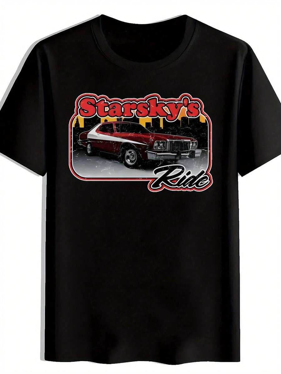 Classic Car Print T-Shirt - Inspired By Classic 70s Designs, Featuring The Eye-Catching "Starskys Ride" Text, It's An Ideal Choice For Car Enthusiasts And Vintage Lovers - Casual Crew Neck Style, Suitable For Everyday Wear. - 黑色 - 查看 1