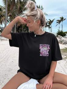 | Exquisite Design | Loose And Comfortable | Easy To Match | [Double-Sided Print] Fashionable Women's Top, Summer Clothes For Women, Cartoon Style, Butterfly, Flower, Beautiful Print, Round Neck, Short Sleeve, Off-The-Shoulder, Plus Size Pure Cotton T-Shirt. - 黑色 - 查看 2