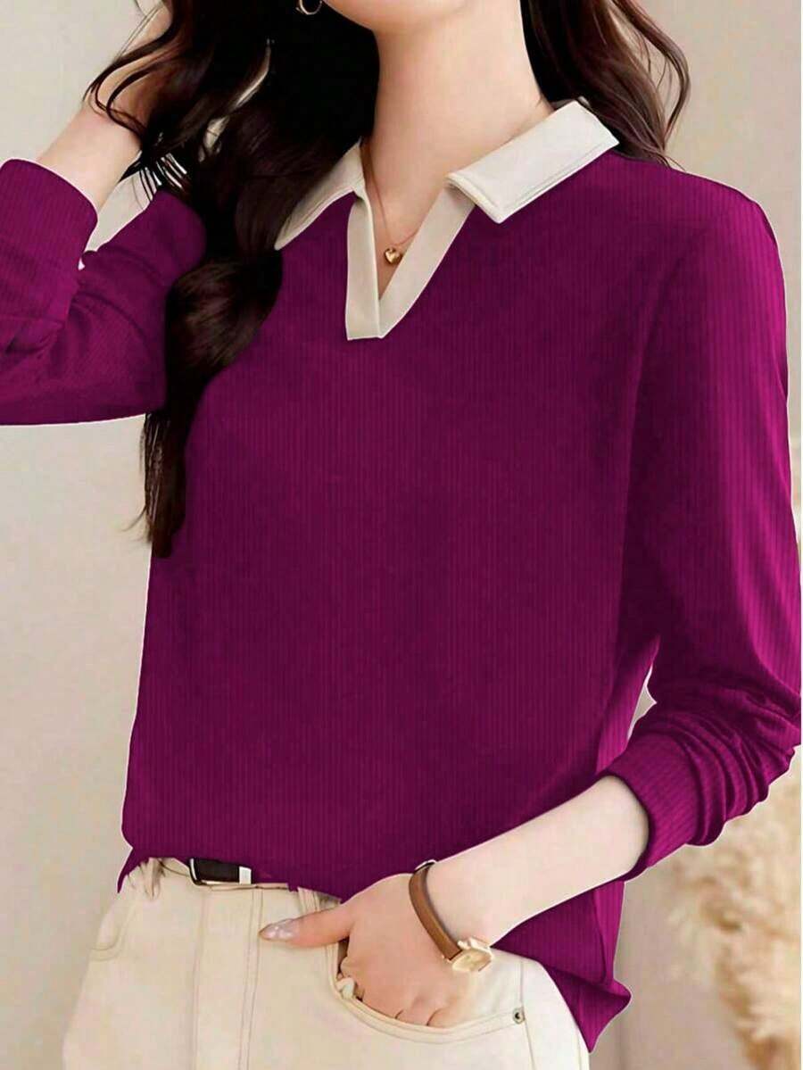 Camiseta de manga larga con cuello de polo para mujer, prenda exterior de moda, jersey informal de primavera, 2025 Nuevo otoño - Morado - Ver 1