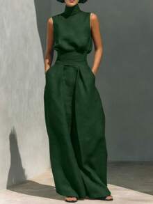Linen Blend 2-Piece Outfit, Sleeveless High Neck Top & Wide Leg Pants With Waist Belt, Casual Summer Set - 墨綠色 - 查看 1