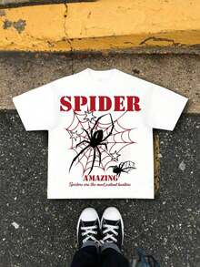 1 Piece Y2K Style Spiderweb Print T-Shirt - Dark Street Style, Loose Fit, Short Sleeve (180g Cotton T-Shirt) - Cotton T-Shirt - Soft And Breathable, 100% Cotton - A Comfortable And Vibrant Short-Sleeve T-Shirt With A Summer Street Style, Featuring A Cool Design And A Retro Summer Vibe, Suitable For Everyday Wear For Both Men And Women. - 白色 - 查看 2