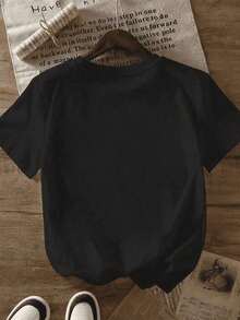 1pc Ladies Cute Graphic T-Shirt Doll And Dog Relaxed Round Neck Short Sleeve Spring/Summer Daily Wear Soft T-Shirt - 黑色 - 查看 5