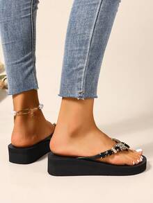 OXLL Sandal Wedges Wanita, Sandal Jepit Pantai Sol Lembut Berhiaskan Rhinestone Berkilau Gaya Bohemian untuk Liburan - Hitam - View 5