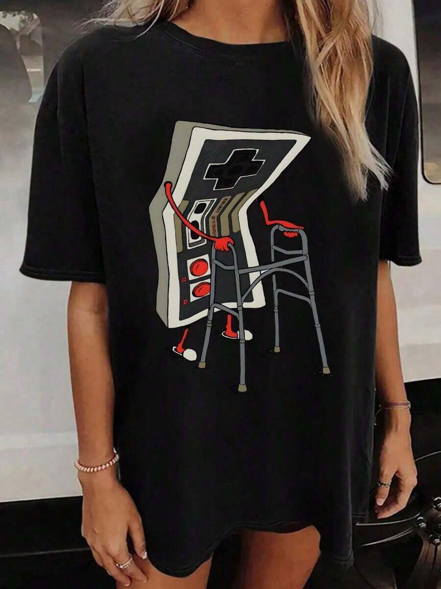 Versatile.1pac.100%Cotton.Women Print Loose Oversized T-Shirt For Women - Casual Polyester Knit Fabric With Round Neckline, All-Season Comfort, Festive Holiday Top, 1 Piece, 200gsm.Moda Corte - 黑色 - 查看 1