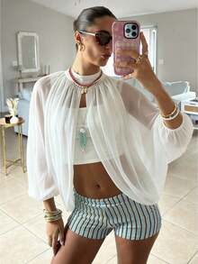 Women's Sheer Blouse Glitter Solid Color Long Sleeve Mock Neck Open Front Tops Streetwear - White - View 1