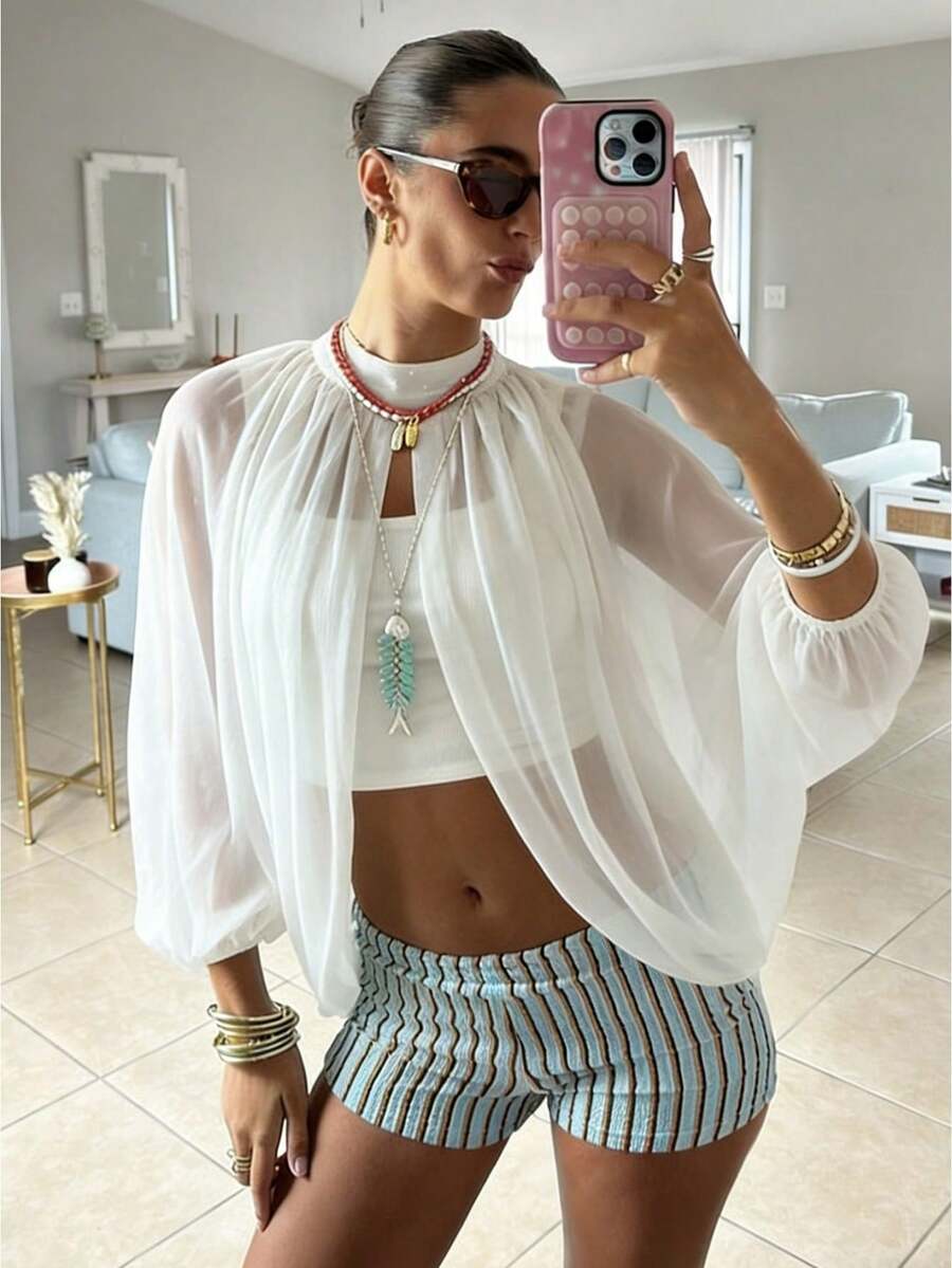 Women's Sheer Blouse Glitter Solid Color Long Sleeve Mock Neck Open Front Tops Streetwear - White - View 1