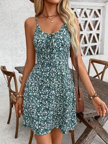 Vestido corto casual sin mangas con estampado floral pequeño para vacaciones y playa - Verde - Ver 7