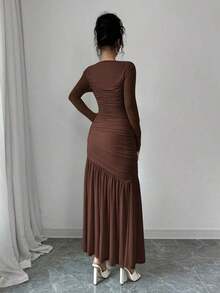 Vestido largo de manga larga con cuello redondo y malla para mujer, vestido casual de otoño.Adecuado para ropa de otoño, atuendo de regreso a clases, atuendo de maestro - Marrón Chocolate - Ver 2