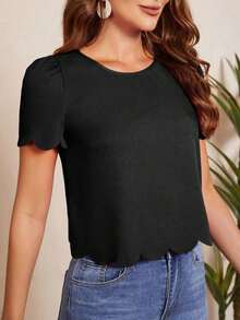 Blusa con mangas abullonadas, recorte ondulado y escote en la espalda, Blusas de manga corta - Negro - Ver 5