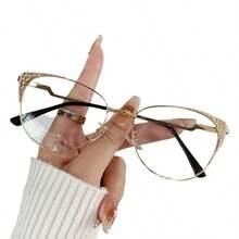 1PC Women's Premium Rhinestone Bling Bling Textured Dual-Tone Metal Modern Retro Cat Eye New Glasses Frame, Daily Commute All-Season Glasses Accessory First Choice Computer Glasses, Suitable For Back To School And Indoor/Outdoor Wear - Transparent white blue light - View 5